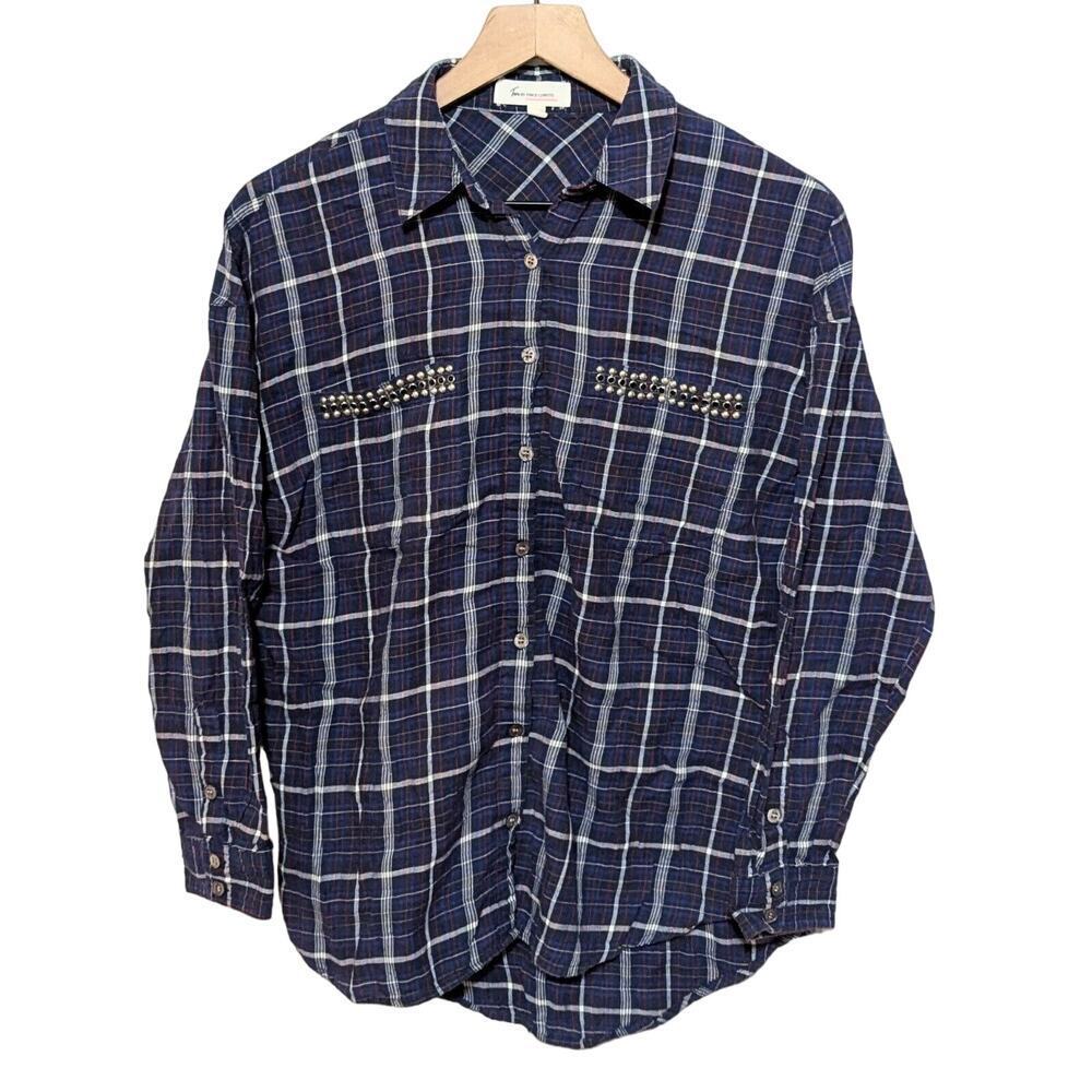 Two by Vince Camuto Shirt Womens S Blue Plaid Studded Pocket Button Down Western